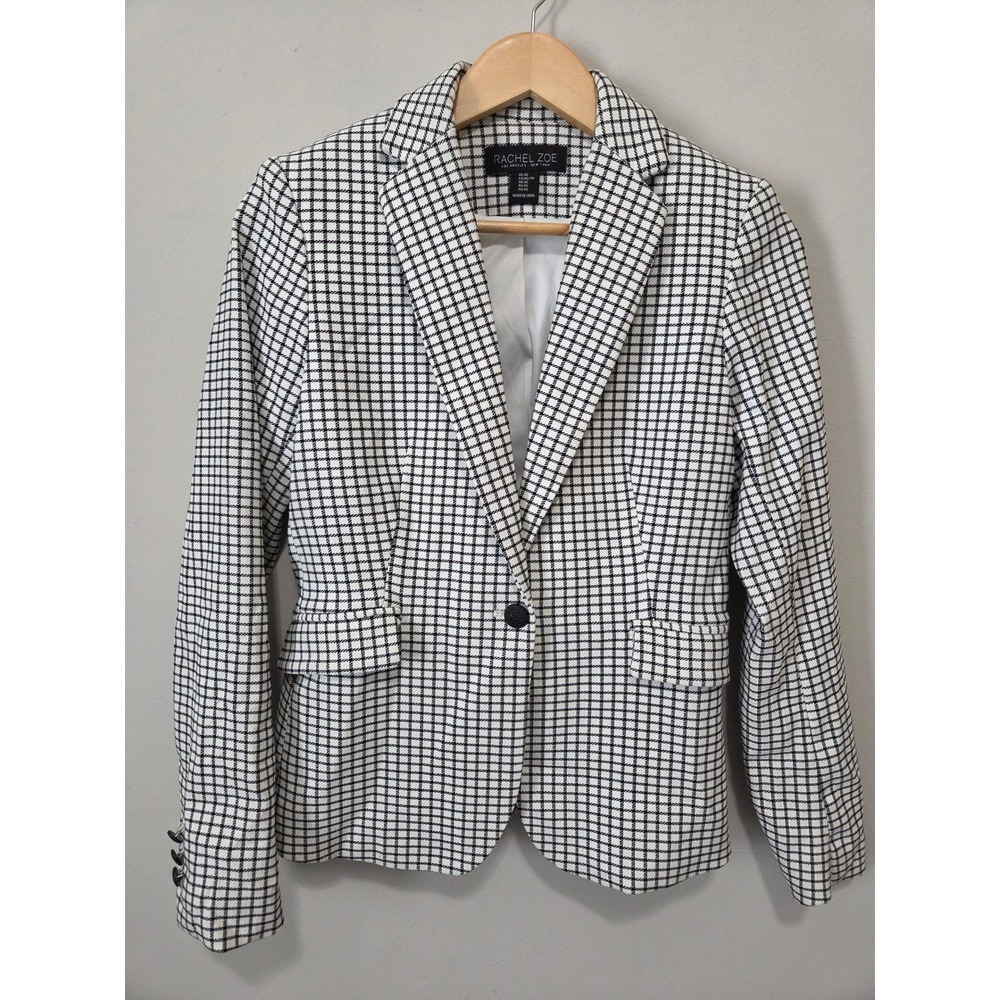 Rachel Zoe Womens Black White Grid Plaid Single Button Blazer Jacket XS RN 75343